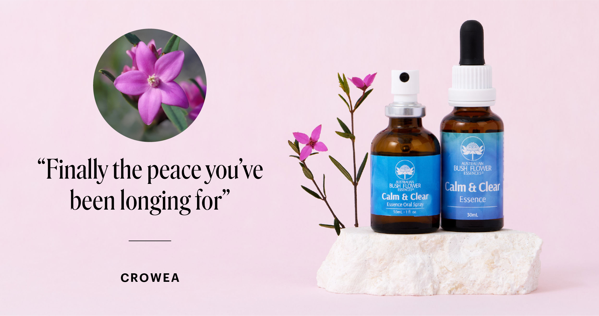 Zwei braune Flaschen mit blauen Etiketten auf einem weißen Stein vor rosa Hintergrund, daneben eine pinke Blüte mit dem Text „Finally the peace you’ve been longing for“