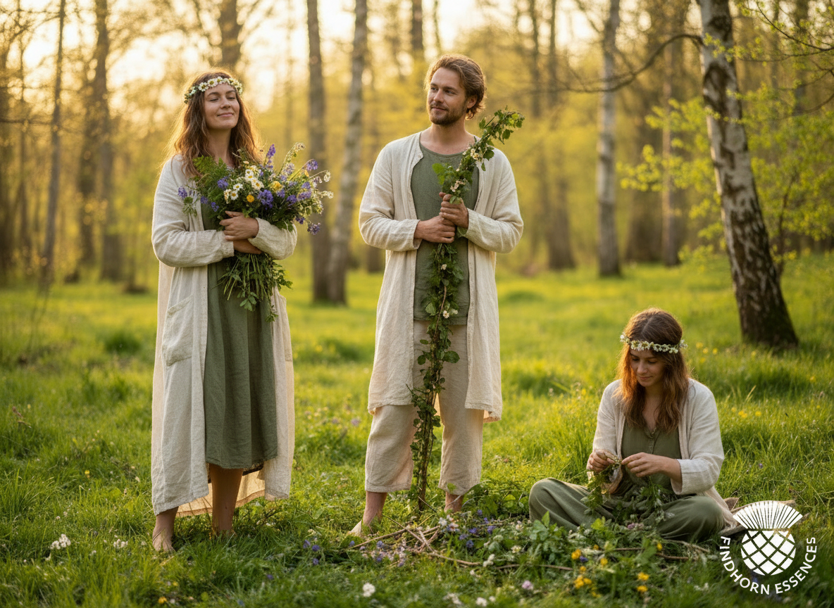 Drei Menschen in Leinenkleidung sammeln und halten Wildblumen in einem sonnigen Wald.