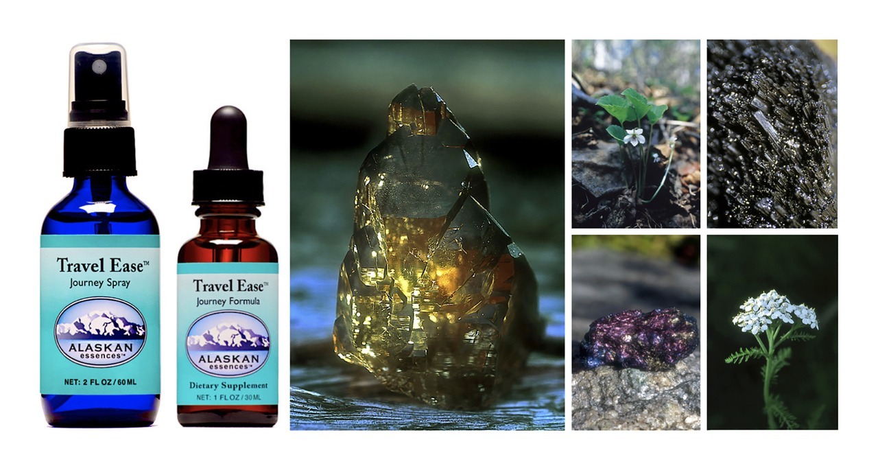 Travel Ease Journey Formula und Travel Ease Journey Spray mit Smoky Quartz, White Violet, Black Tourmaline, Covellite und Yarrow