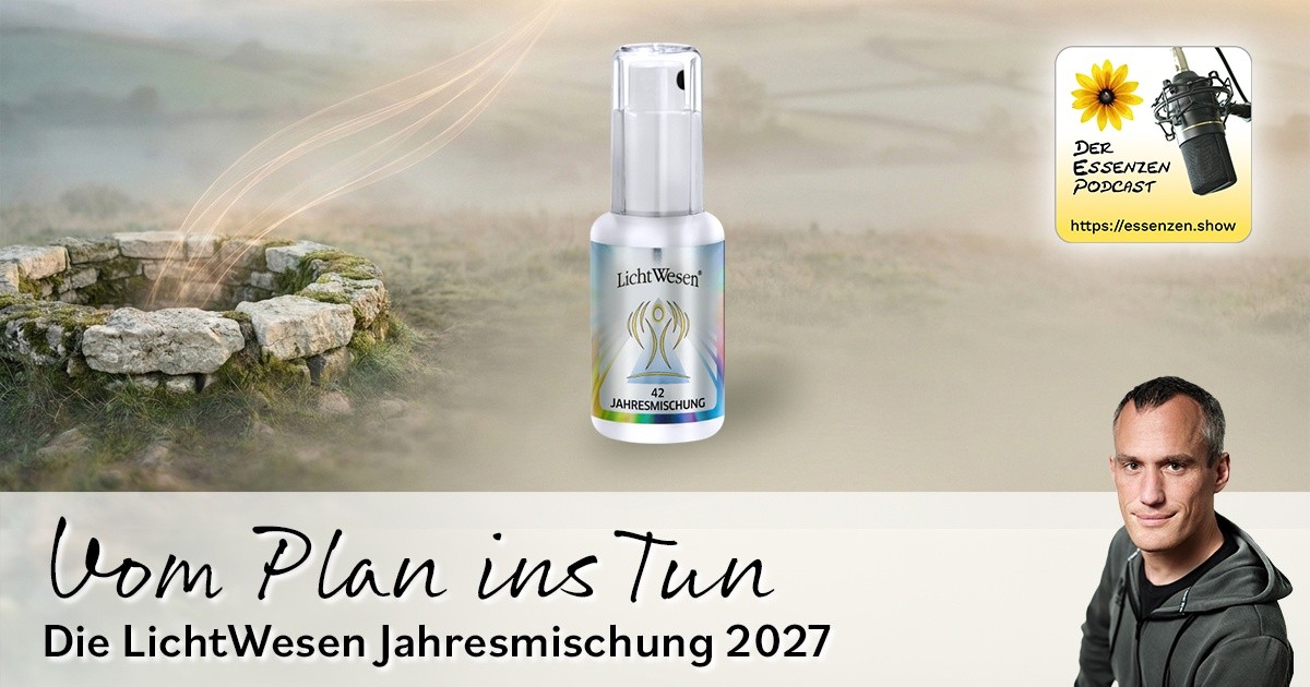 Sprayflasche der LichtWesen Jahresmischung 2027 in nebliger Landschaft mit Carsten Sann und dem Titel „Vom Plan ins Tun“